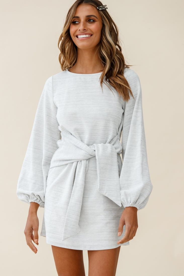 Rapt Waist Tie Bishop Sleeve Knit Dress Steel Grey by Selfie Leslie