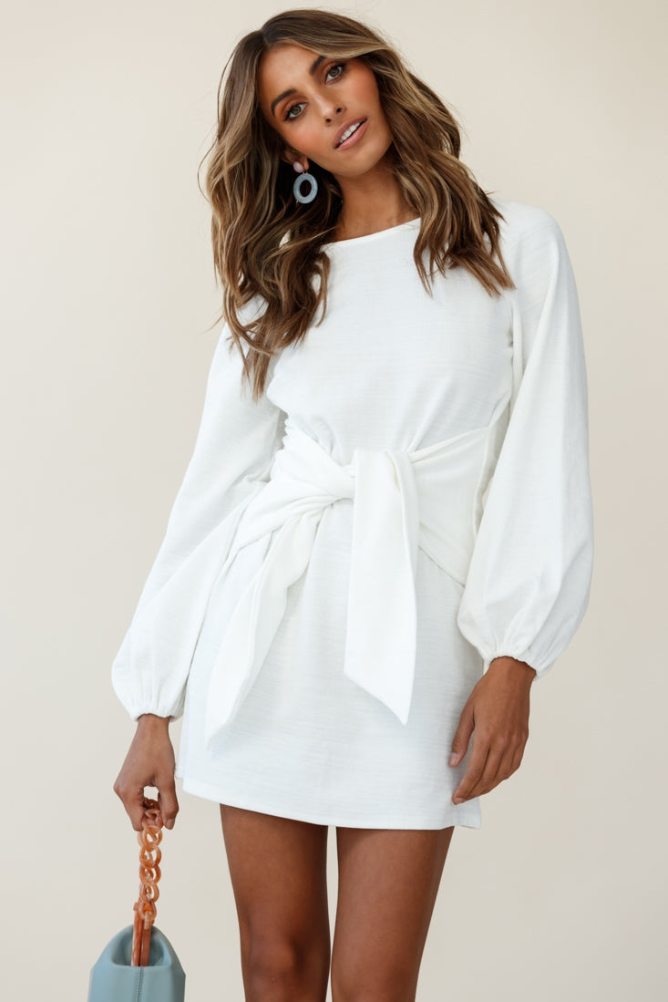 Rapt Waist Tie Balloon Sleeve Knit Dress White by Selfie Leslie