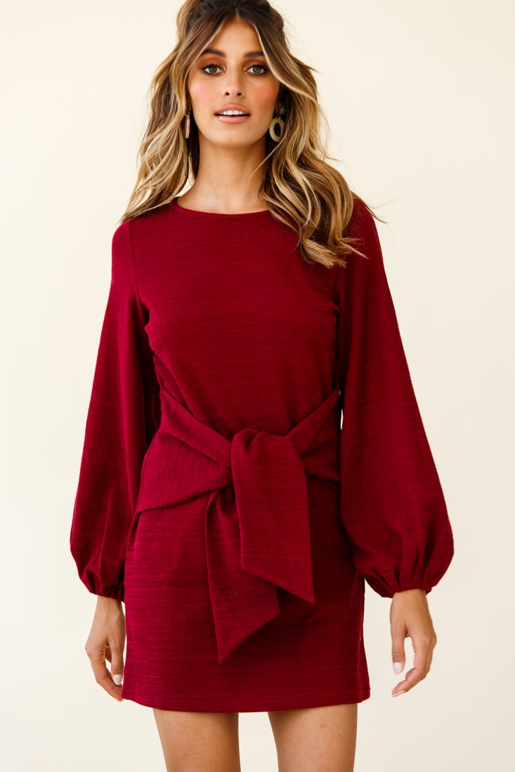 Rapt Waist Tie Balloon Sleeve Knit Dress Wine by Selfie Leslie
