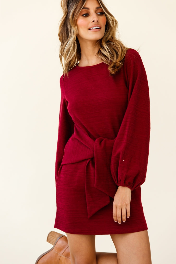Rapt Waist Tie Balloon Sleeve Knit Dress Wine by Selfie Leslie