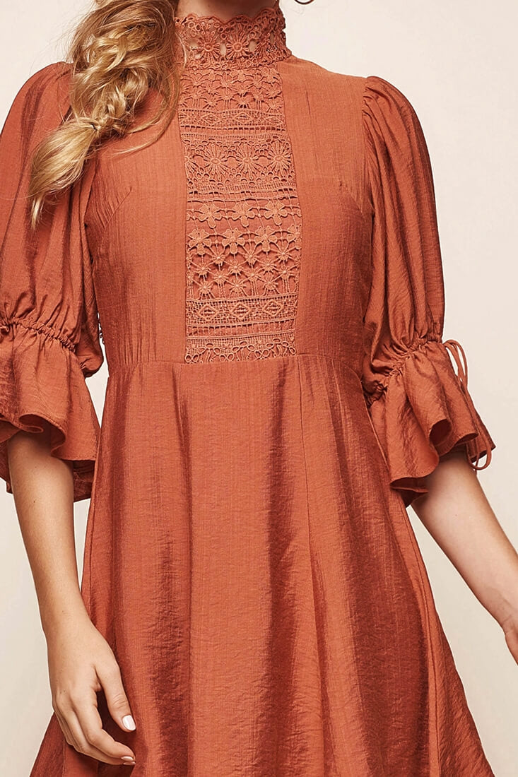 Martha High Neck Babydoll Dress Rust by Selfie Leslie