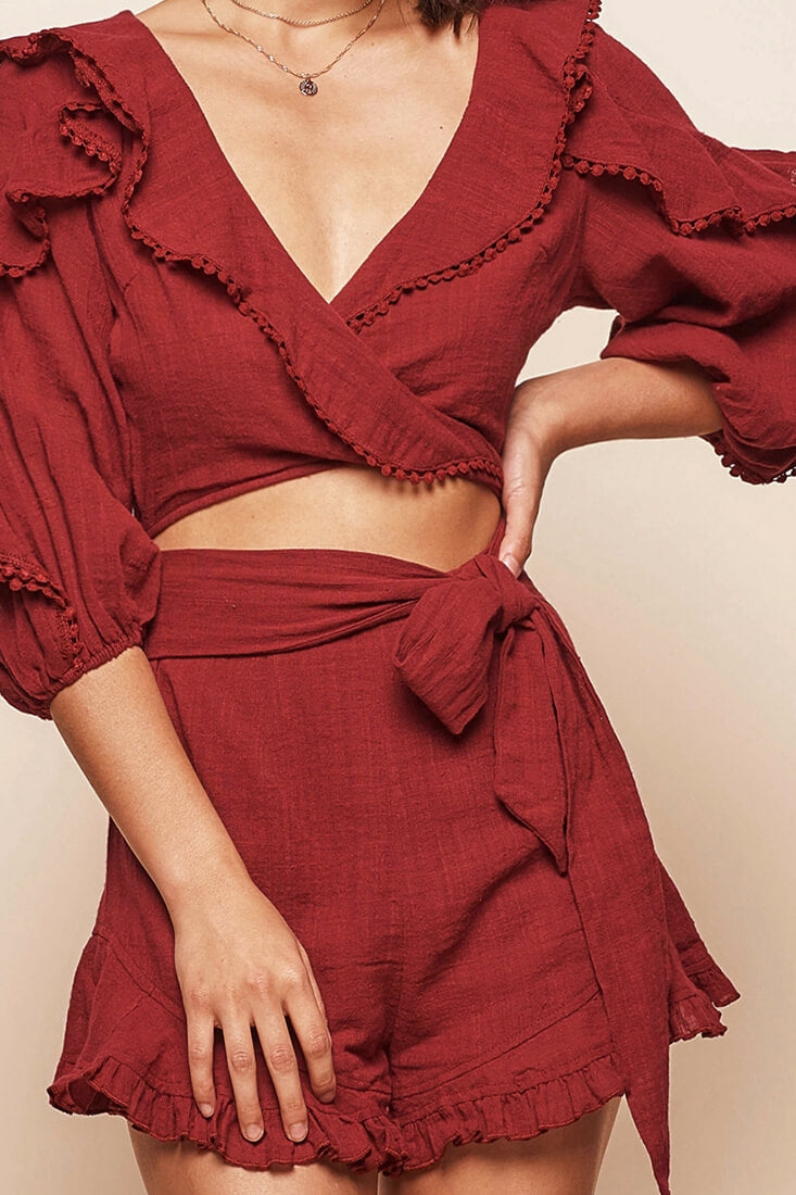 Peta Faux Two-Piece Romper Burgundy by Selfie Leslie