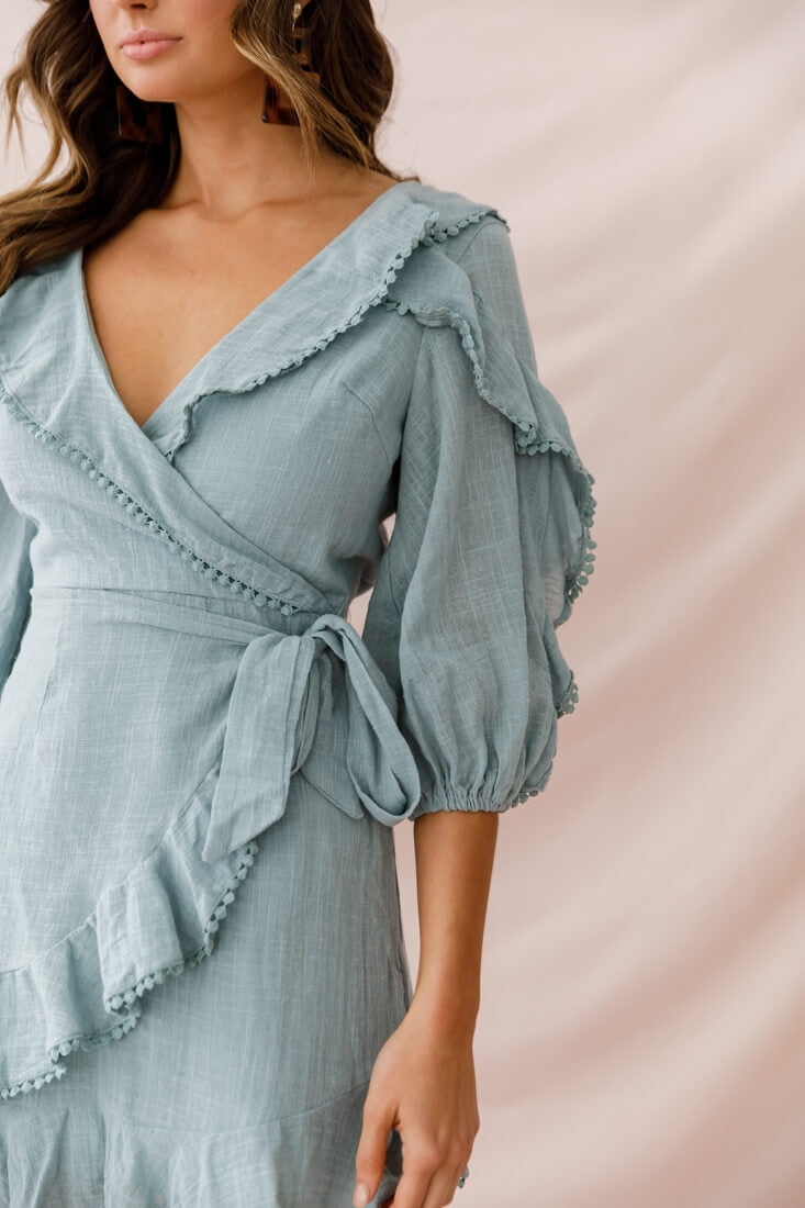 Peta Faux Wrap Ruffle Dress Sage by Selfie Leslie