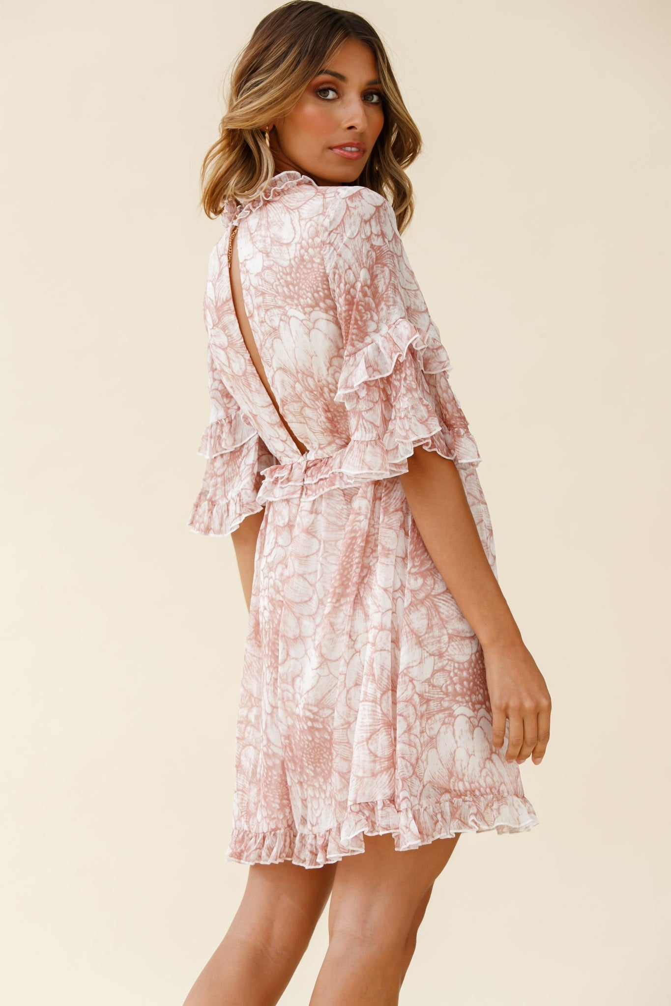 Gemma V-Neckline Frill Detail Dress Flower Print Nude by Selfie Leslie