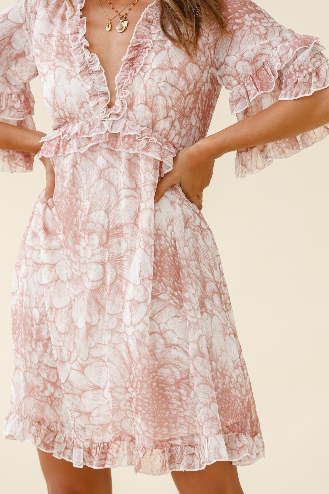 Gemma V-Neckline Frill Detail Dress Flower Print Nude by Selfie Leslie