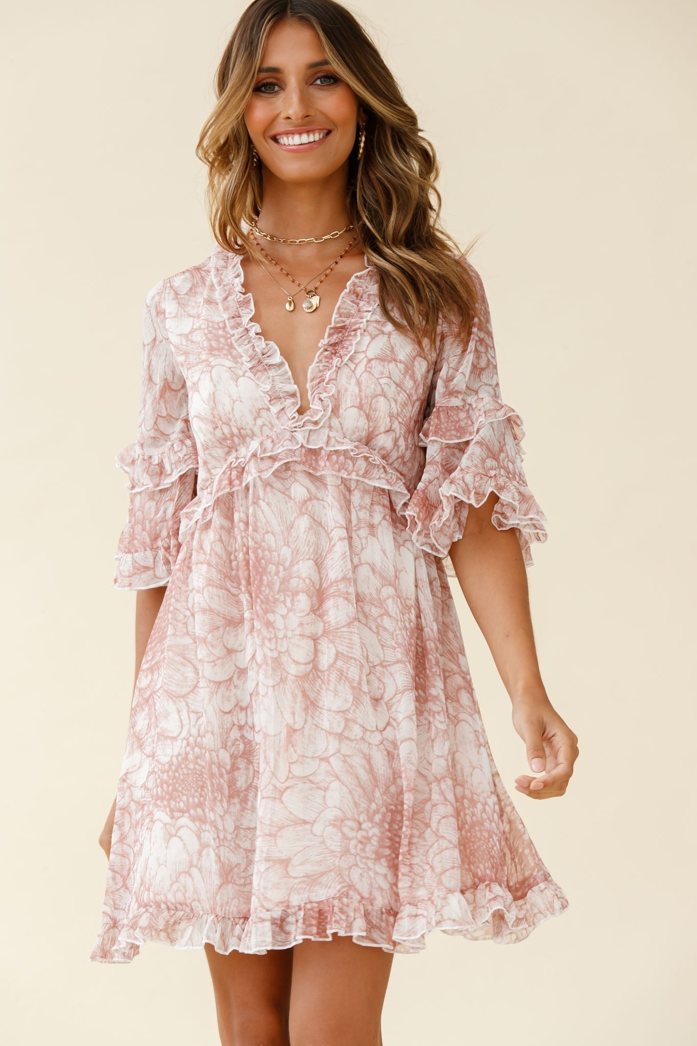 Gemma V-Neckline Frill Detail Dress Flower Print Nude by Selfie Leslie