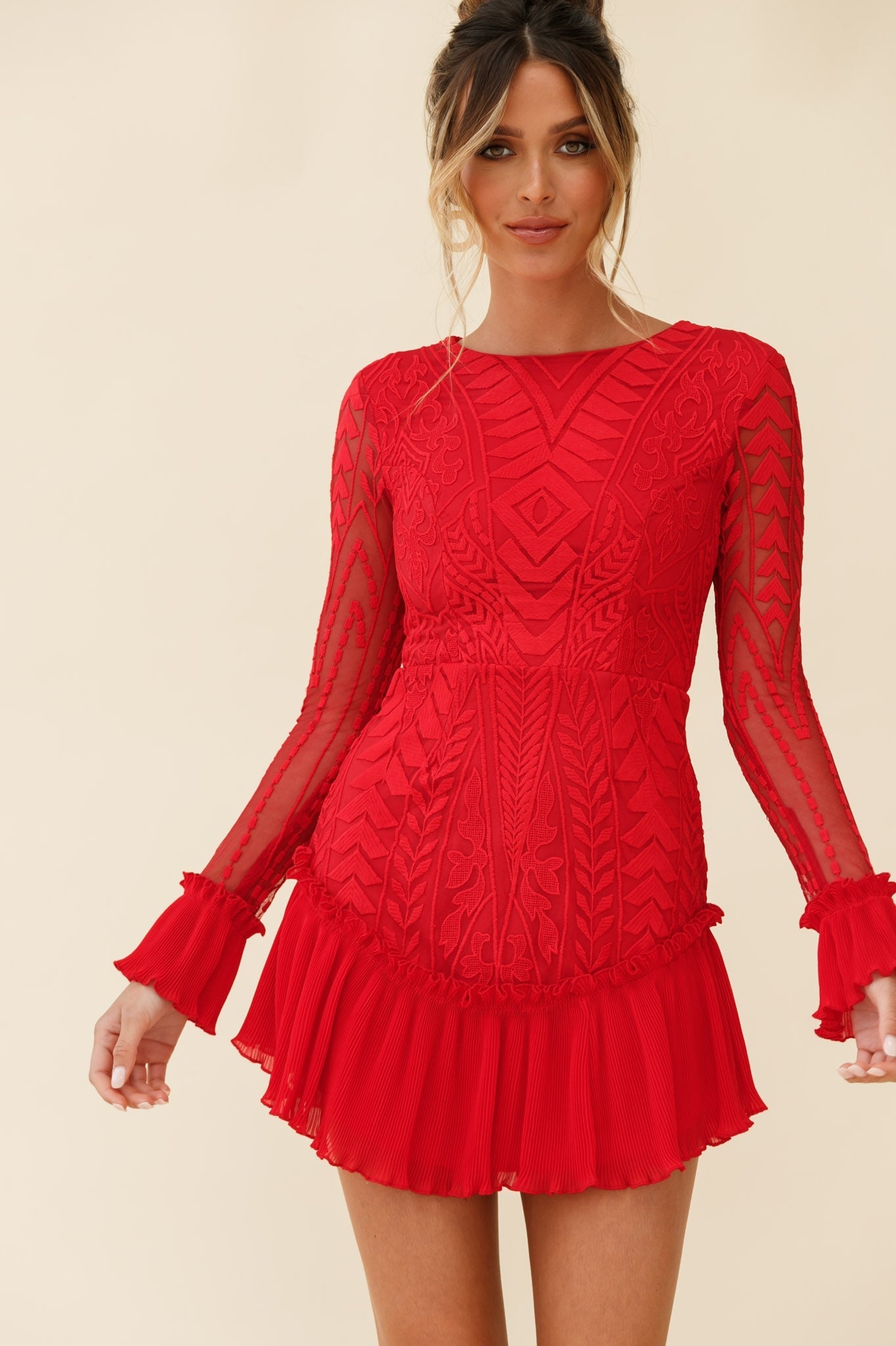 Dreamy Long Sleeve Mini Dress Red by Selfie Leslie