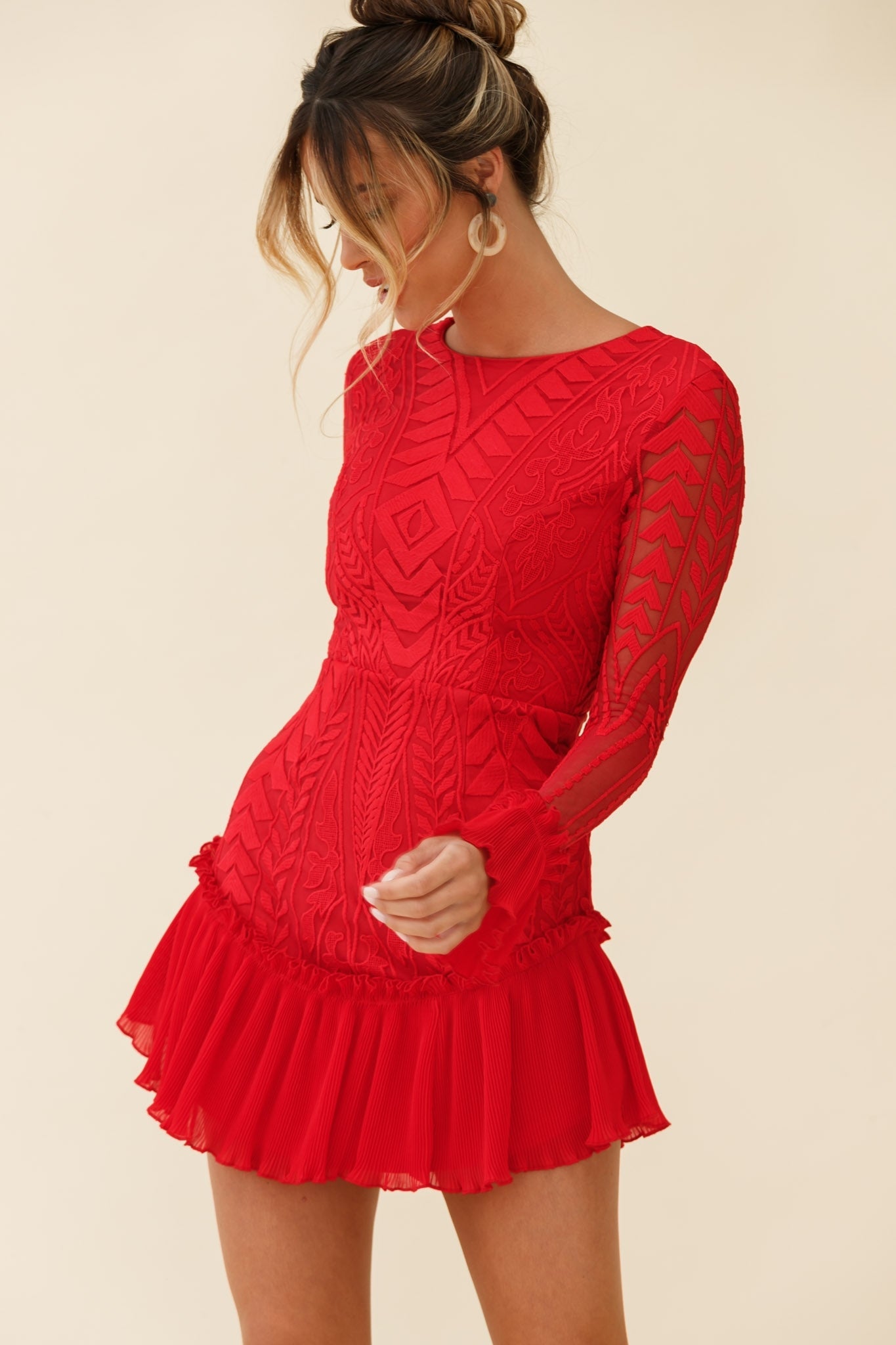Dreamy Long Sleeve Mini Dress Red by Selfie Leslie