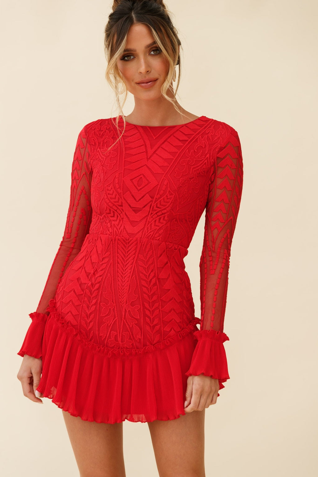 Dreamy Long Sleeve Mini Dress Red by Selfie Leslie