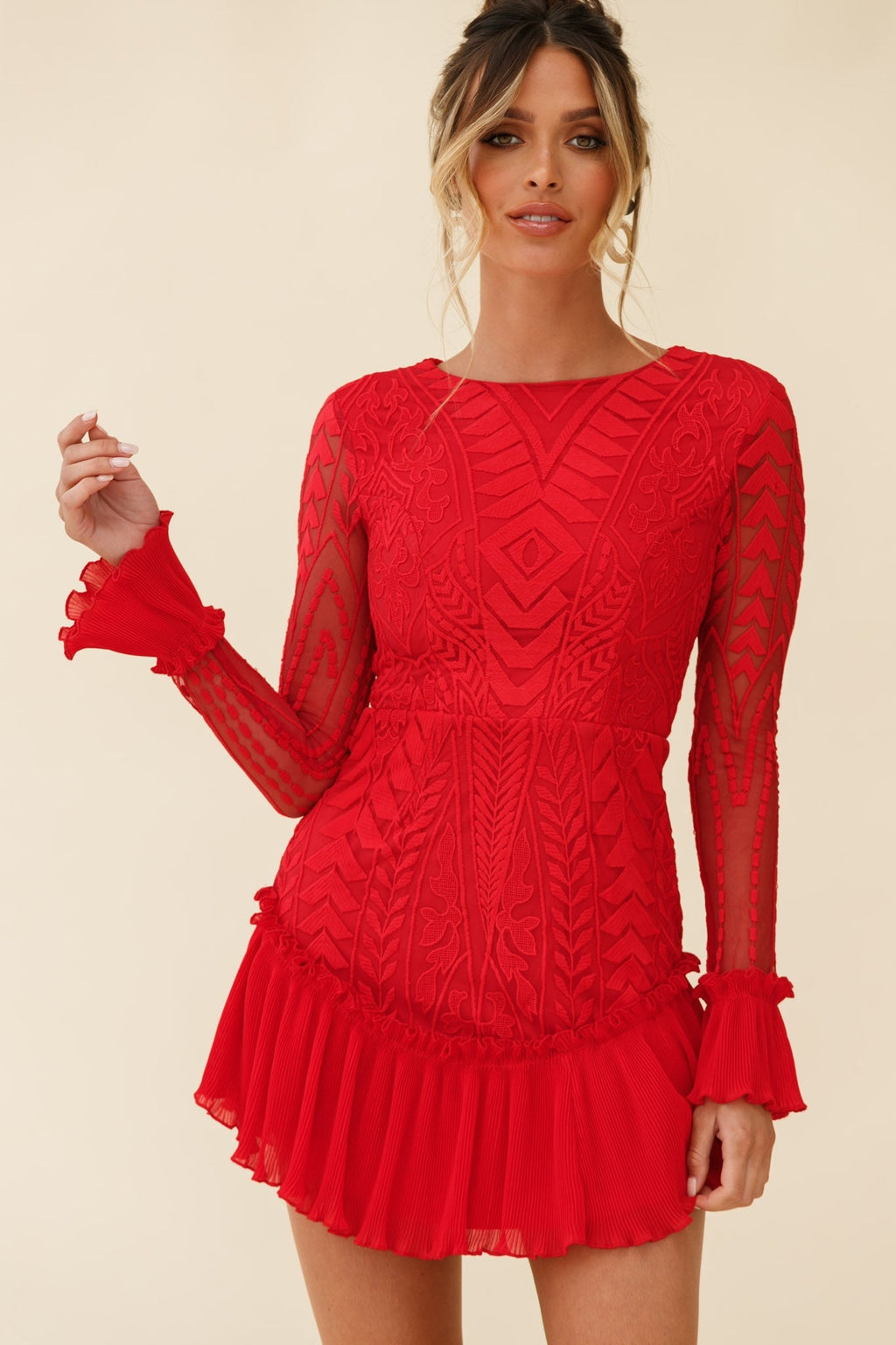 Dreamy Long Sleeve Mini Dress Red by Selfie Leslie