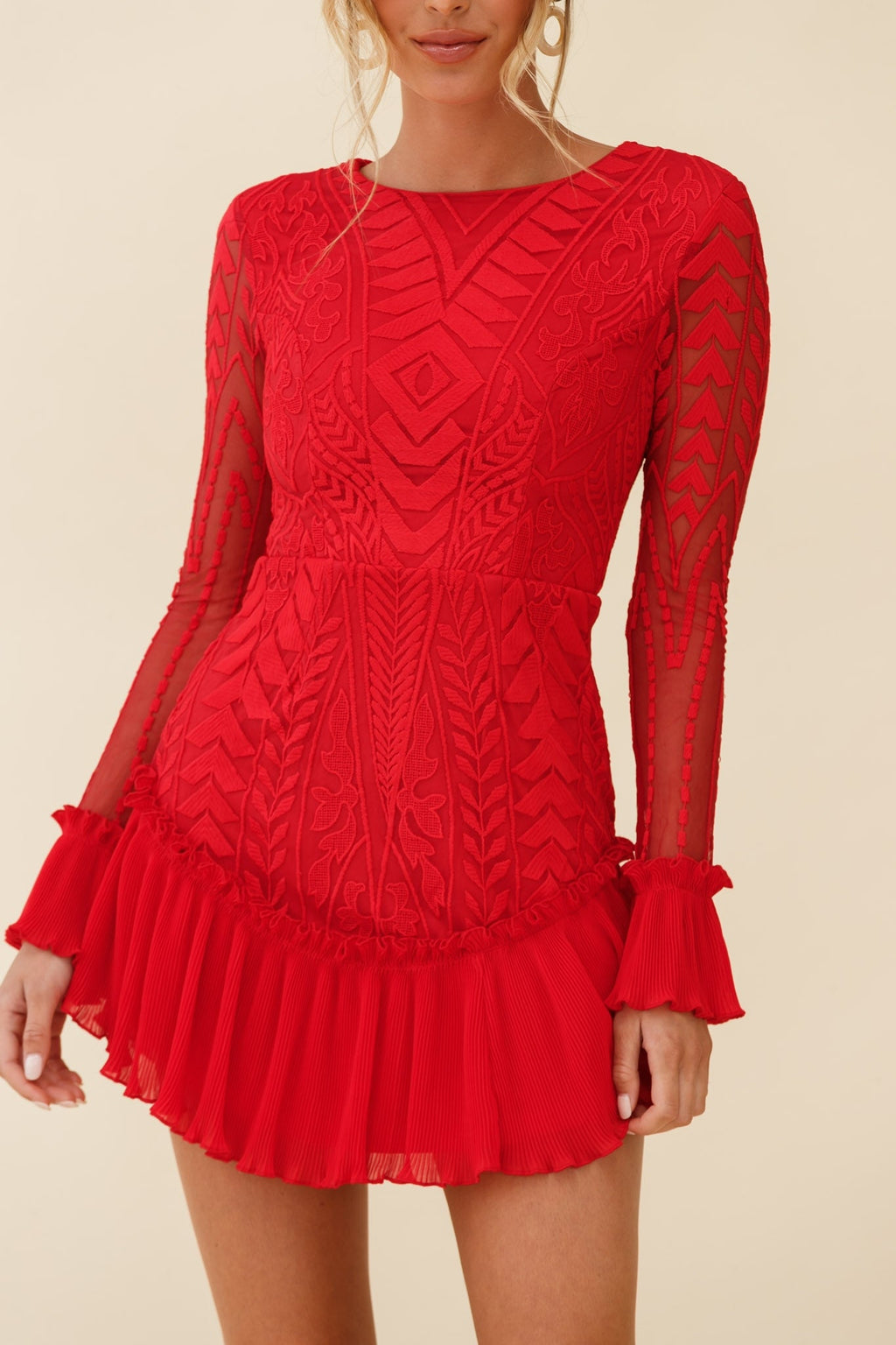 Dreamy Long Sleeve Mini Dress Red by Selfie Leslie