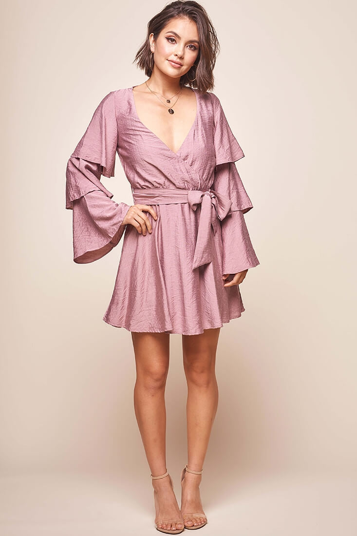 Bellini Tiered Ruffle Sleeve Dress Mauve by Selfie Leslie
