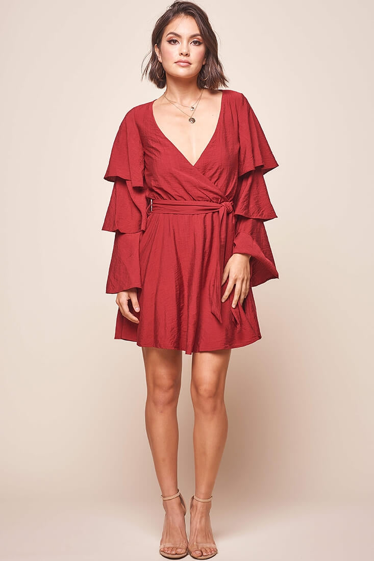 Bellini Tiered Ruffle Sleeve Dress Wine by Selfie Leslie