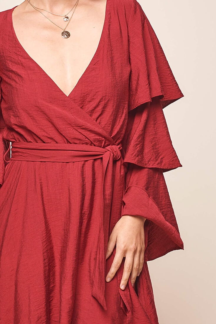 Bellini Tiered Ruffle Sleeve Dress Wine by Selfie Leslie