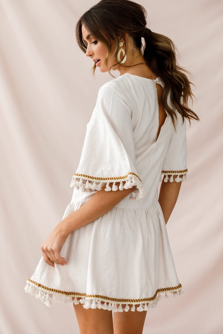 Donna Dropped Waist Tassel Dress Beige by Selfie Leslie