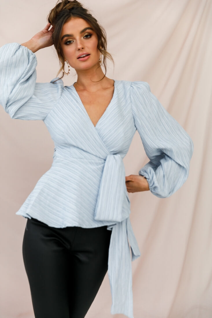 Macy Fit and Flare Wrap Top Blue by Selfie Leslie