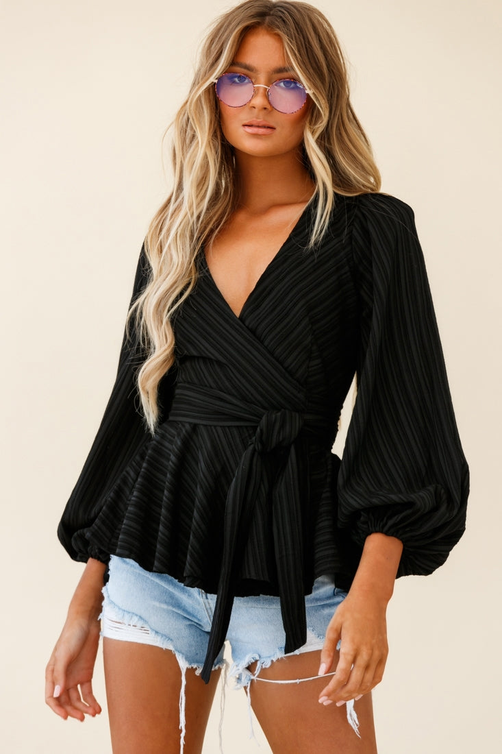 Macy Fit & Flare Wrap Top Stripe Pattern Black by Selfie Leslie