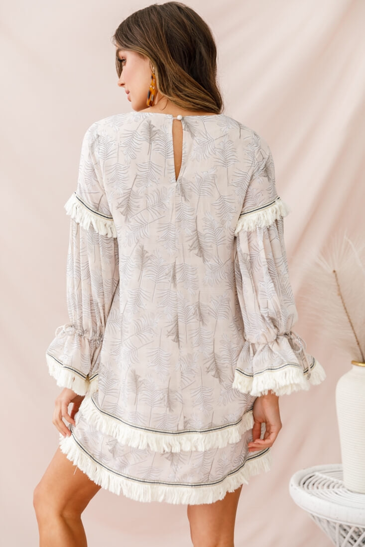 Lily Fringe Trim Swing Dress Beige by Selfie Leslie