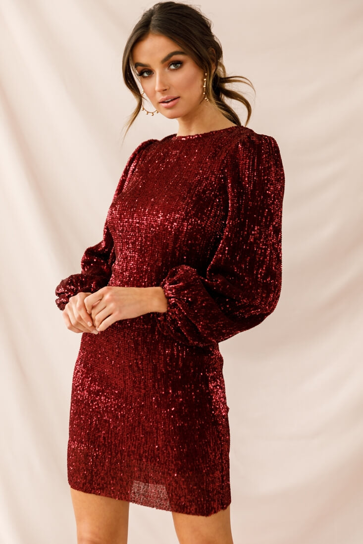 Tinsel Long Sleeve Sequin Mini Dress Plum by Selfie Leslie
