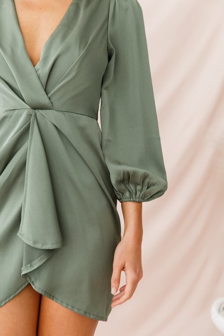DeLisa Balloon Sleeve Mini Dress Olive by Selfie Leslie