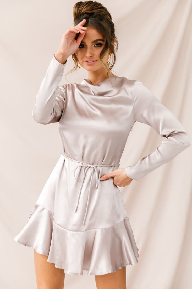 Interstellar Ruffle Hem Long Sleeve Dress Champagne by Selfie Leslie