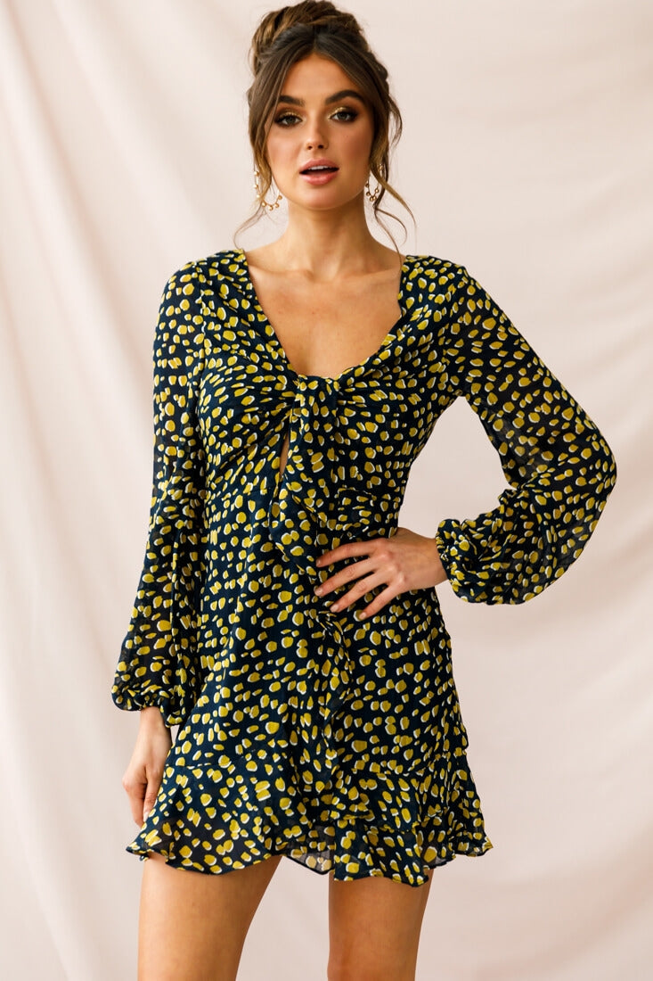 Carla Long Sleeve Bust Tie Dress Navy by Selfie Leslie