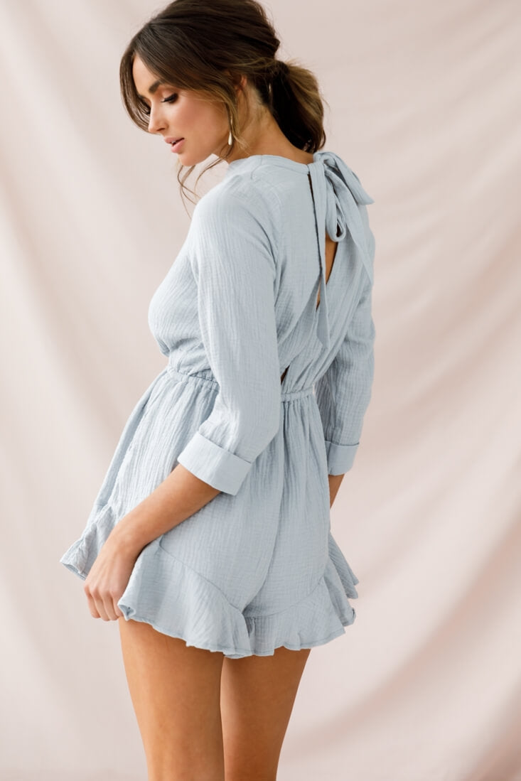Mimi Three-Quarter Sleeve Drawstring Romper Grey by Selfie Leslie