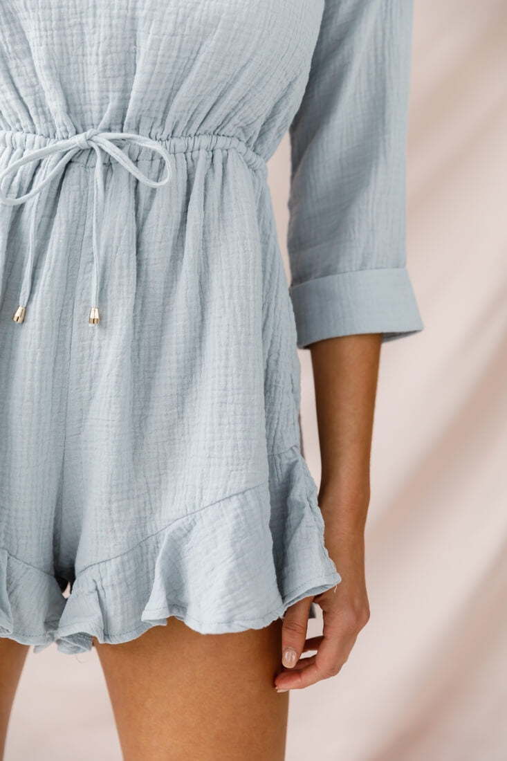 Mimi Three-Quarter Sleeve Drawstring Romper Grey by Selfie Leslie