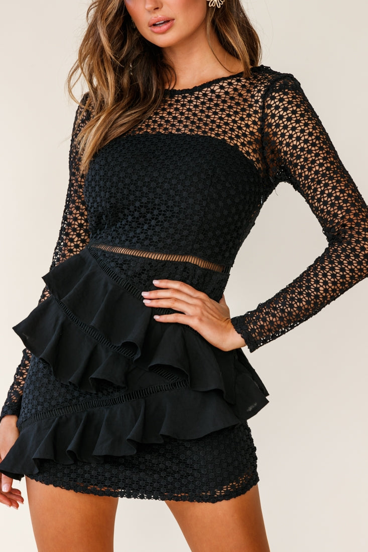 Aramis Long Sleeve Lace & Ruffle Detail Dress Black by Selfie Leslie