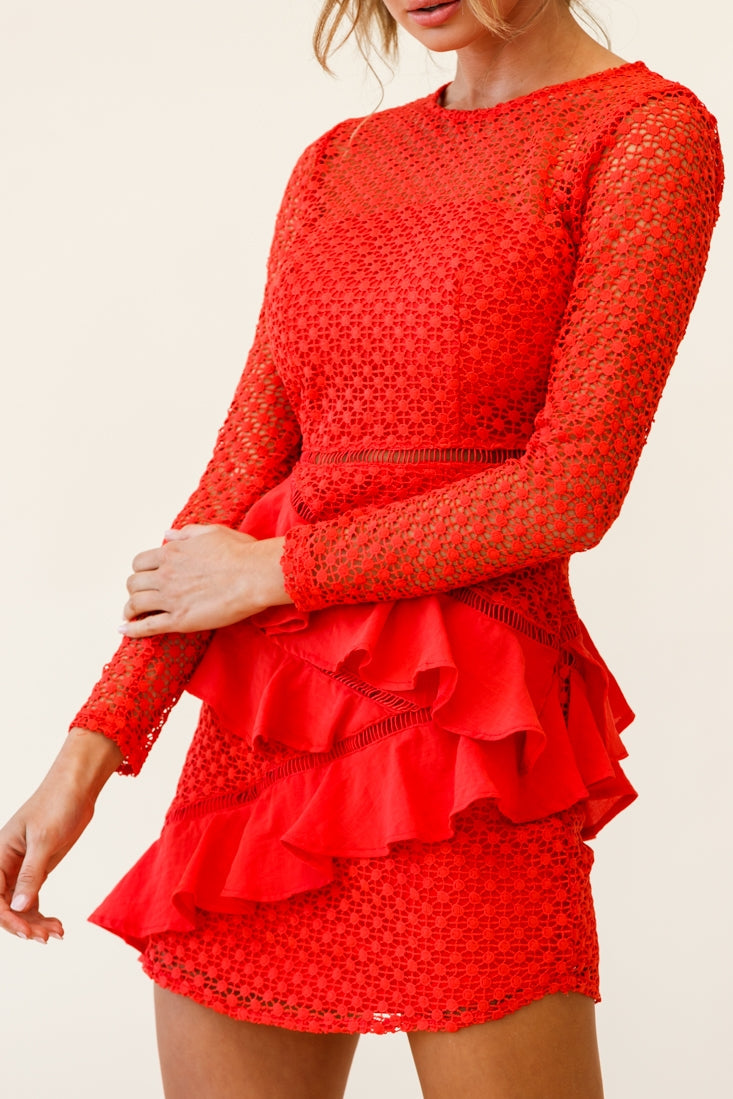 Aramis Long Sleeve Lace & Ruffle Detail Dress Red by Selfie Leslie