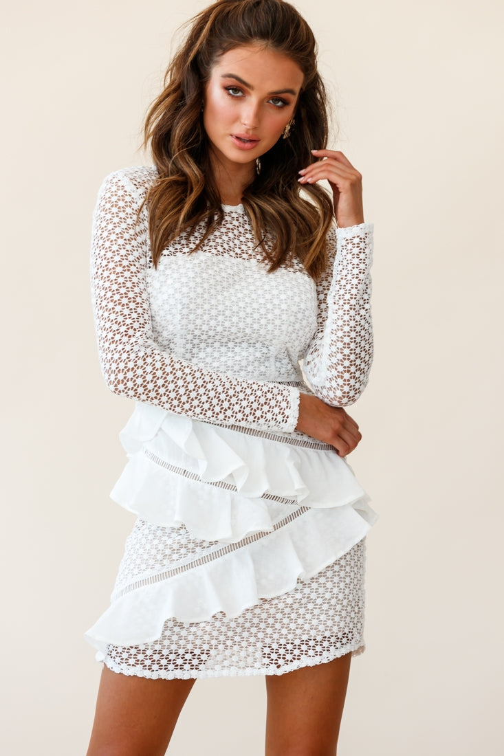 Aramis Long Sleeve Lace & Ruffle Detail Dress White by Selfie Leslie