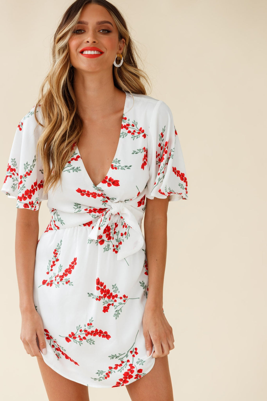Stealing Hearts Flutter Sleeve Wrap Front Dress Floral Print White by Selfie Leslie