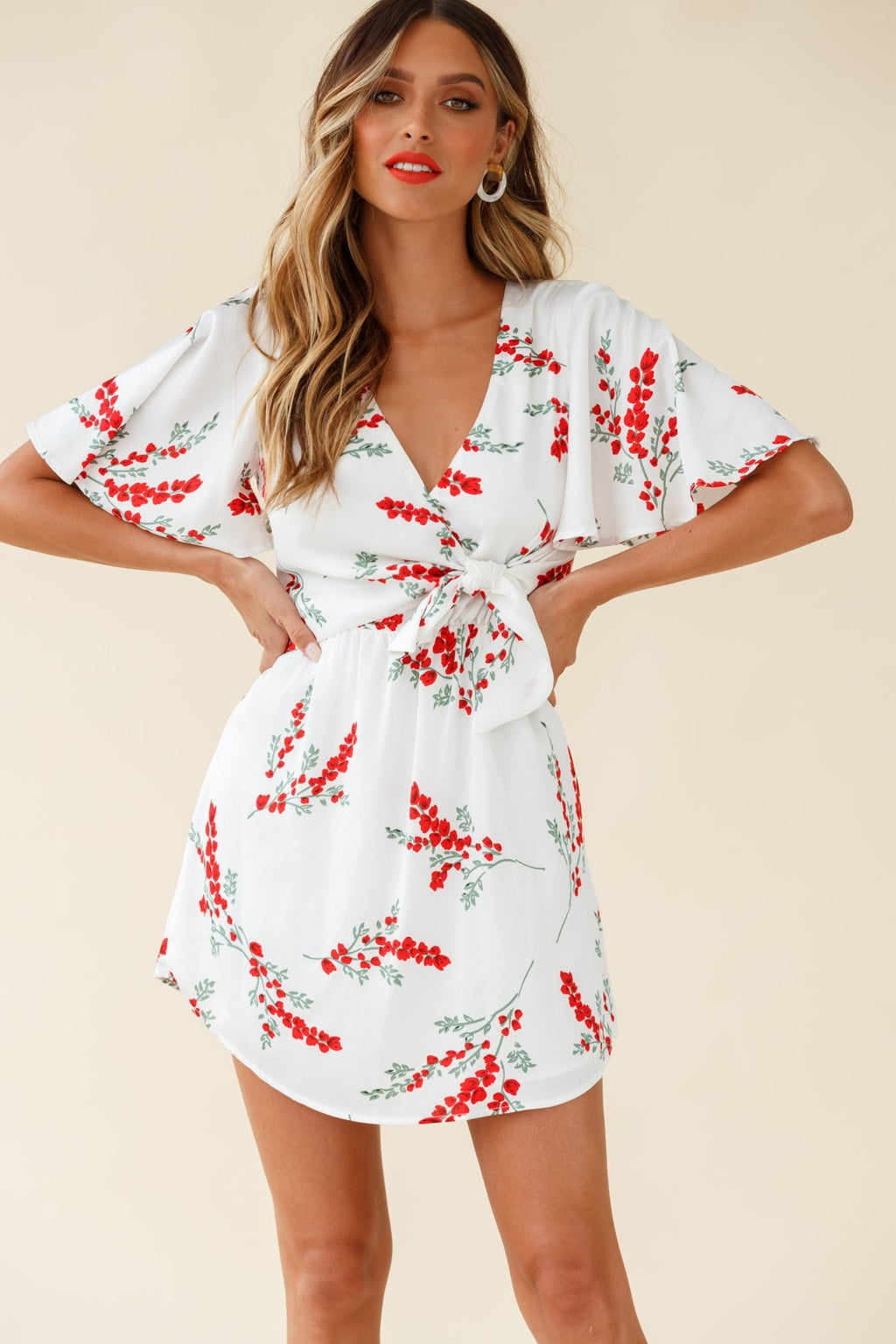 Stealing Hearts Flutter Sleeve Wrap Front Dress Floral Print White by Selfie Leslie