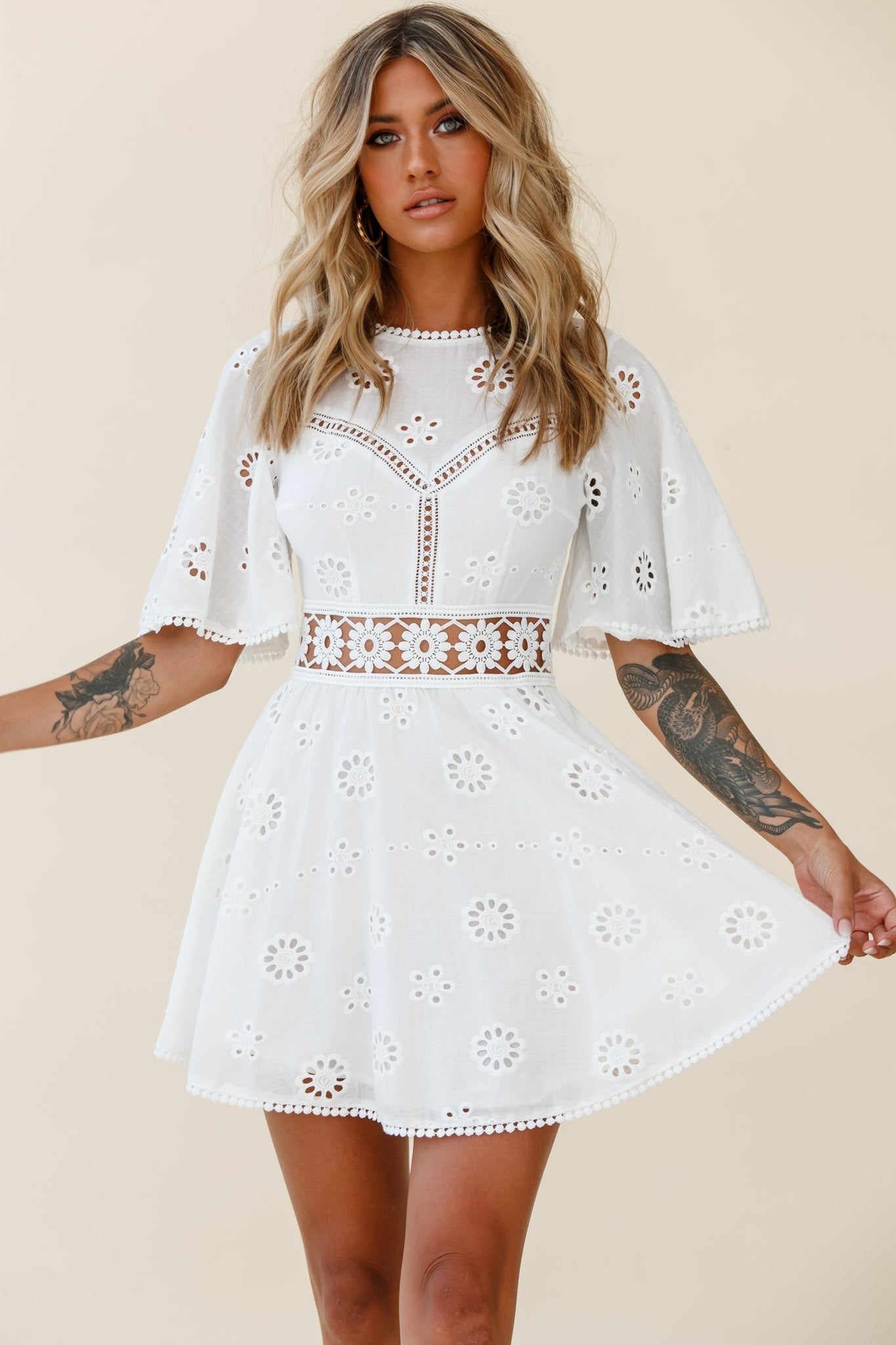 Anais Fluted Sleeve Exposed Back Broderie Anglaise Dress White by Selfie Leslie