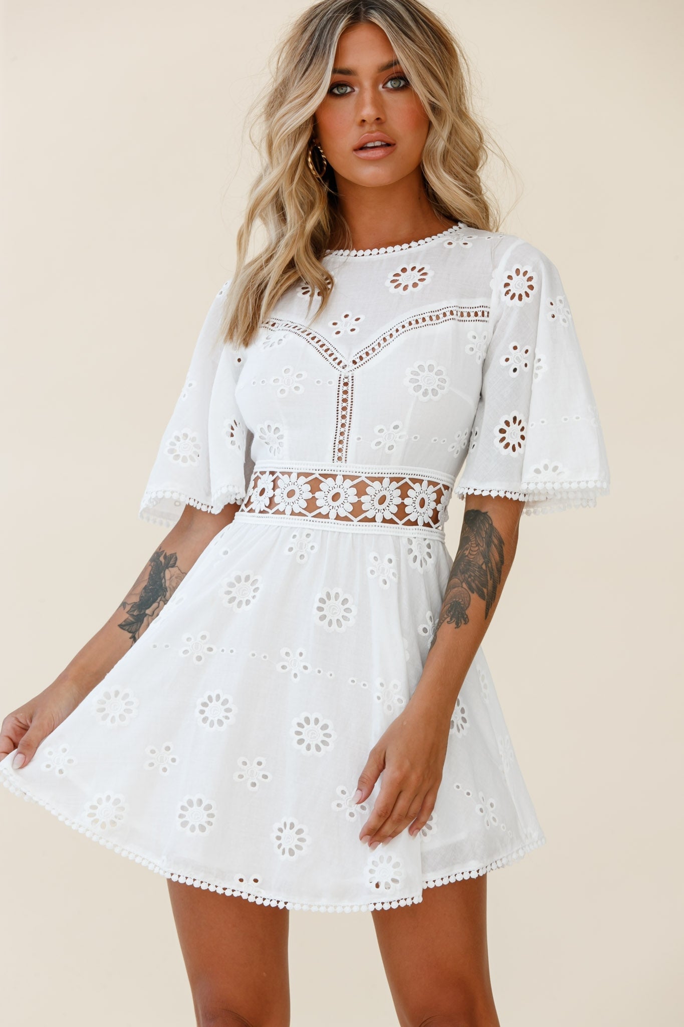 Anais Fluted Sleeve Exposed Back Broderie Anglaise Dress White by Selfie Leslie