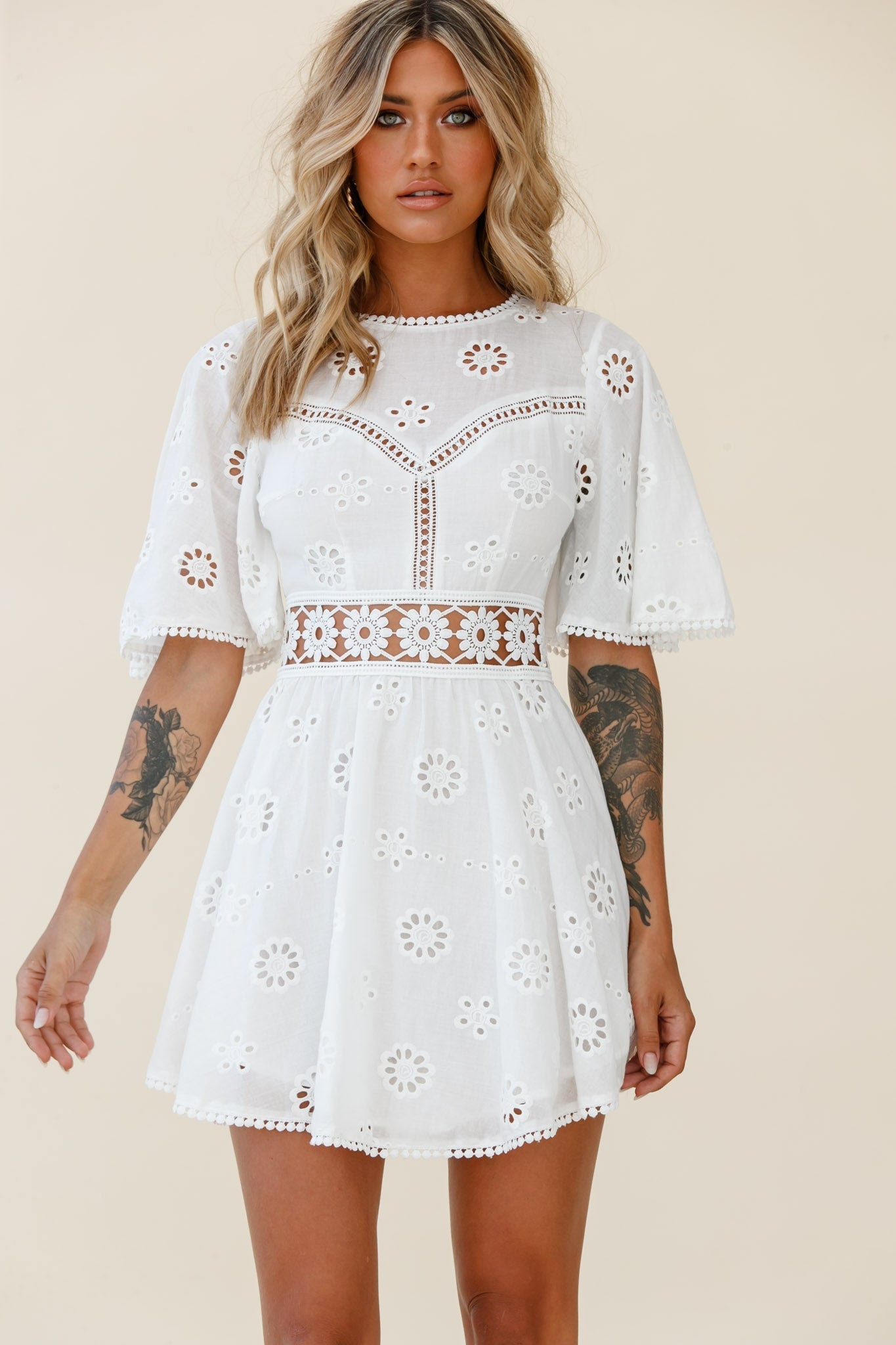 Anais Fluted Sleeve Exposed Back Broderie Anglaise Dress White by Selfie Leslie