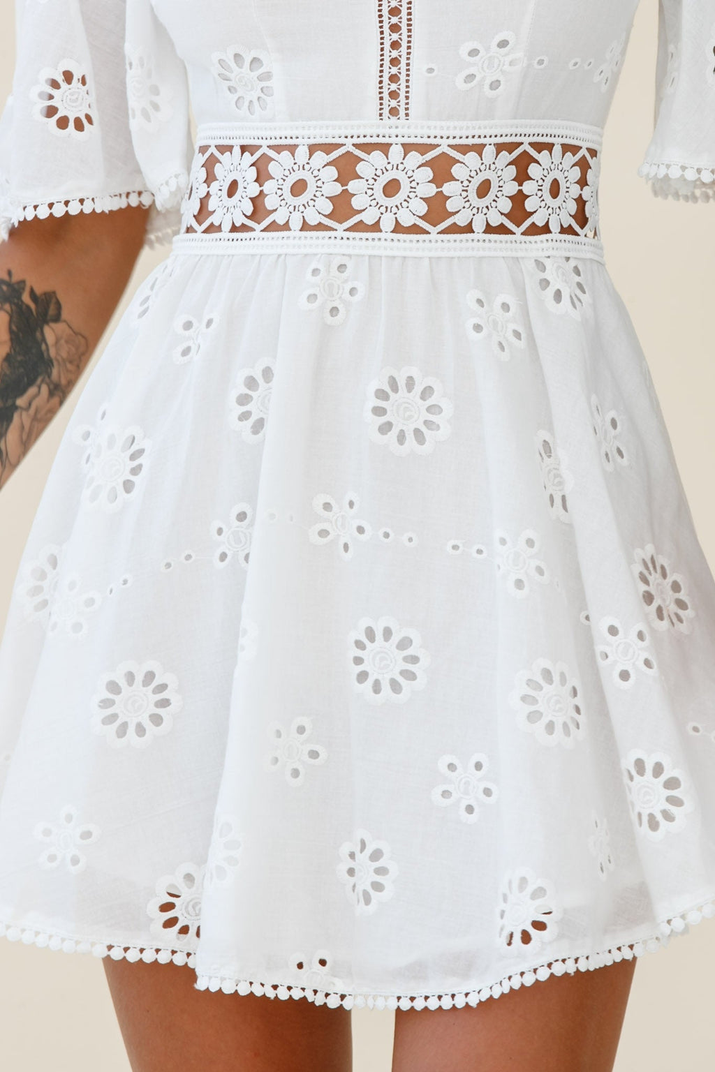 Anais Fluted Sleeve Exposed Back Broderie Anglaise Dress White by Selfie Leslie