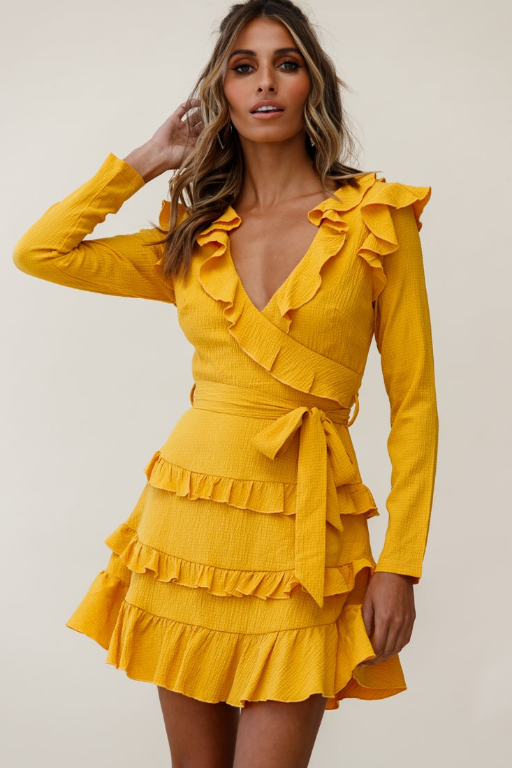 Jemirah Ruffle-Trimmed Long Sleeve Frill Dress Mustard by Selfie Leslie