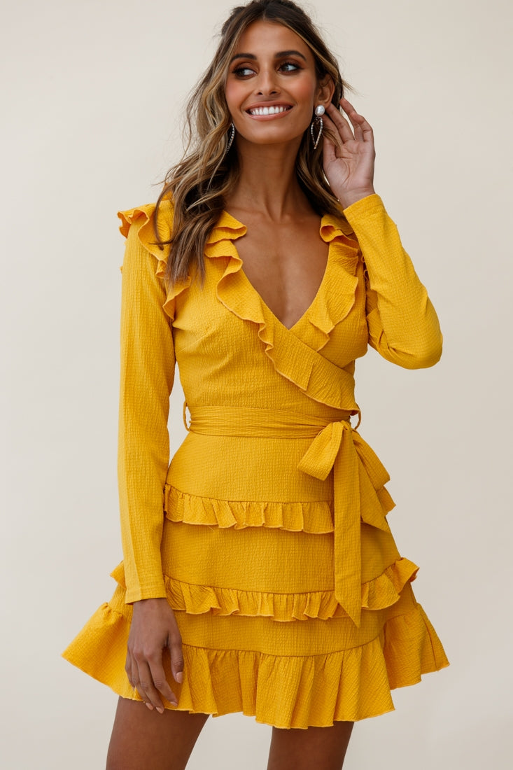 Jemirah Ruffle-Trimmed Long Sleeve Frill Dress Mustard by Selfie Leslie