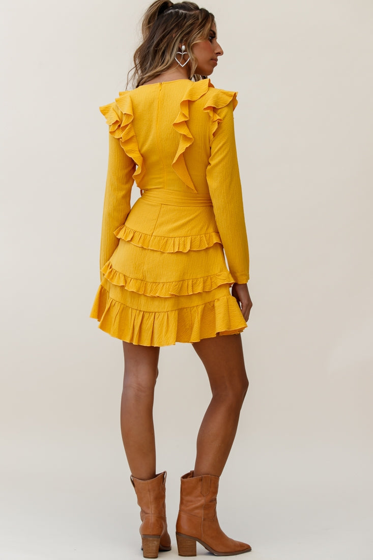Jemirah Ruffle-Trimmed Long Sleeve Frill Dress Mustard by Selfie Leslie