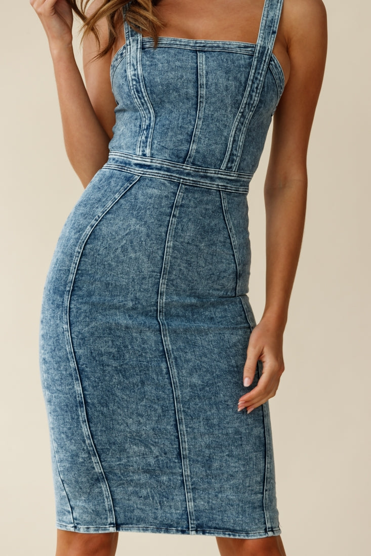 Shalom Structured Body-Con Midi Dress Washed Blue by Selfie Leslie