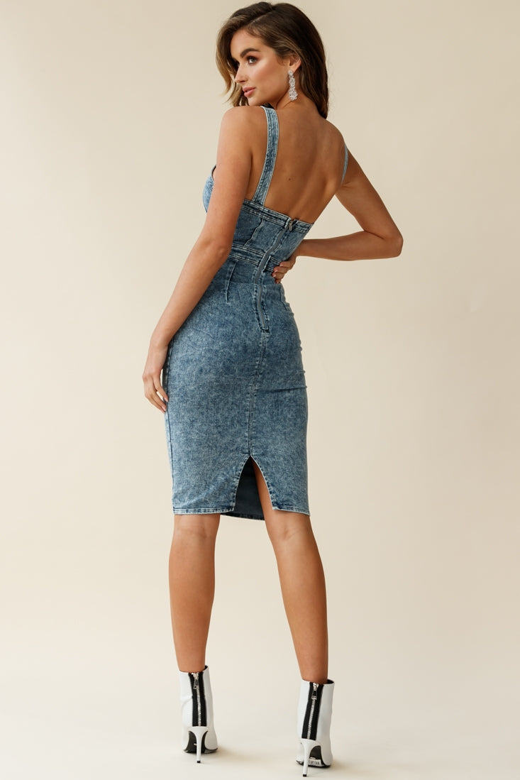 Shalom Structured Body-Con Midi Dress Washed Blue by Selfie Leslie