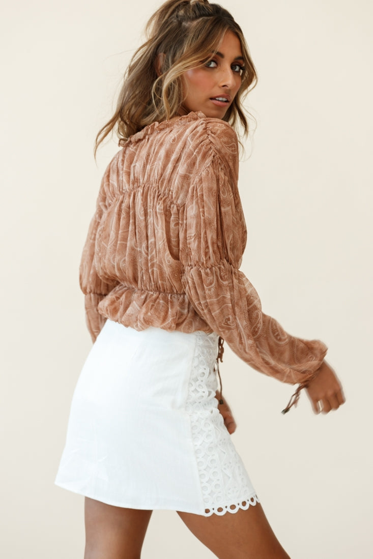 Beau Balloon Sleeve Drawstring Top Paisley Print Tan by Selfie Leslie