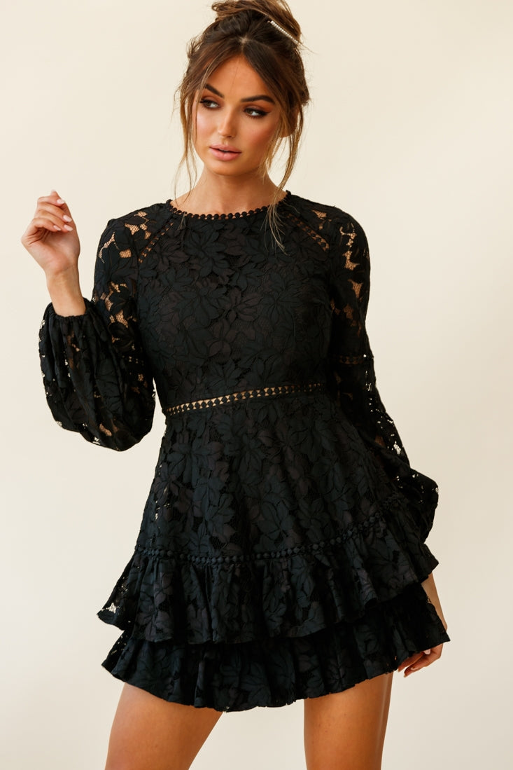 Henrietta Lace Overlay Long Sleeve Ruffle Dress Black by Selfie Leslie