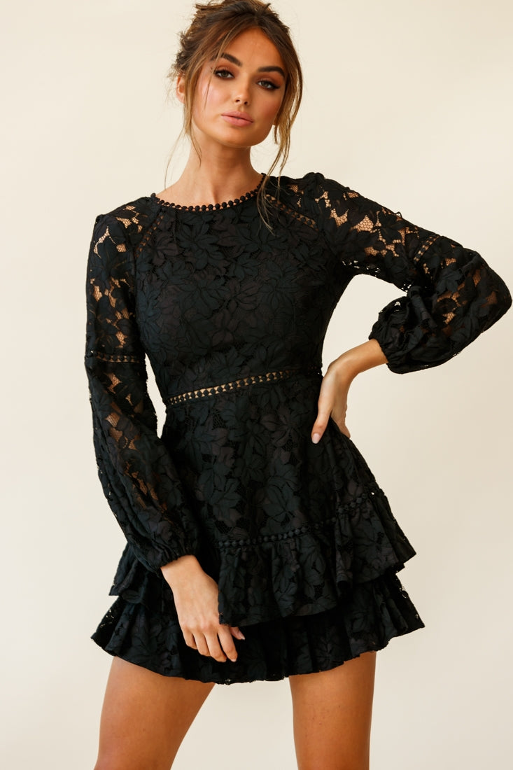 Henrietta Lace Overlay Long Sleeve Ruffle Dress Black by Selfie Leslie