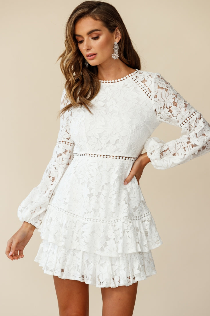 Henrietta Lace Overlay Long Sleeve Ruffle Dress White by Selfie Leslie