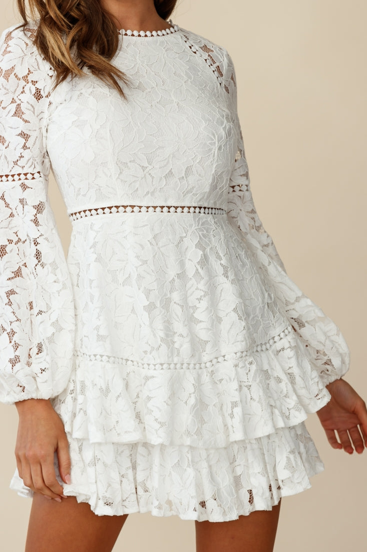 Henrietta Lace Overlay Long Sleeve Ruffle Dress White by Selfie Leslie