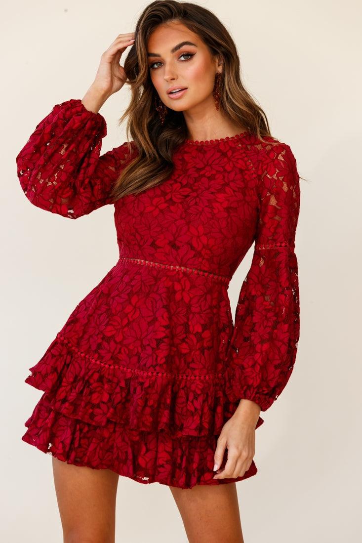 Henrietta Lace Overlay Long Sleeve Ruffle Dress Wine by Selfie Leslie