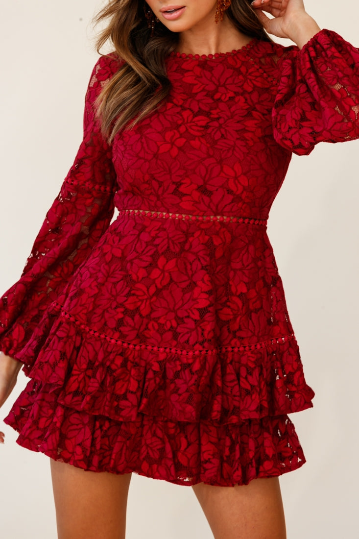 Henrietta Lace Overlay Long Sleeve Ruffle Dress Wine by Selfie Leslie