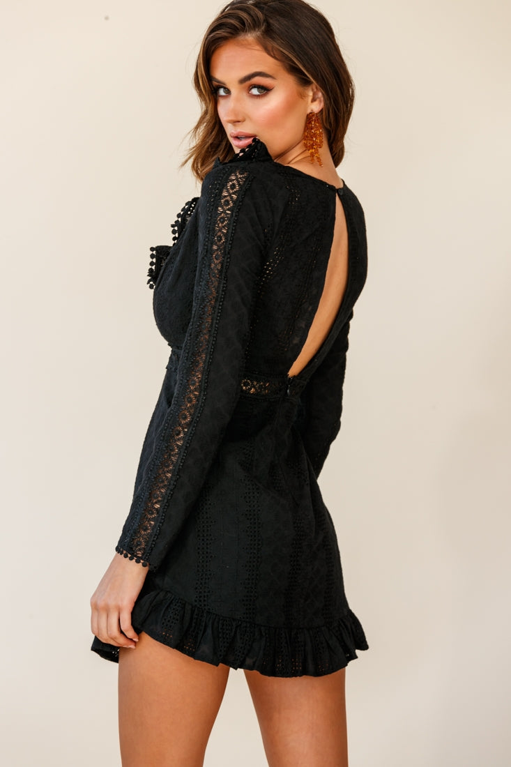 Mikal Long Sleeve Crochet Detail Frill Dress Black by Selfie Leslie